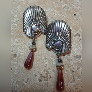 Vintage Horse Head Beaded Dangle POST Earrings Sterling Silver Plated over Brass